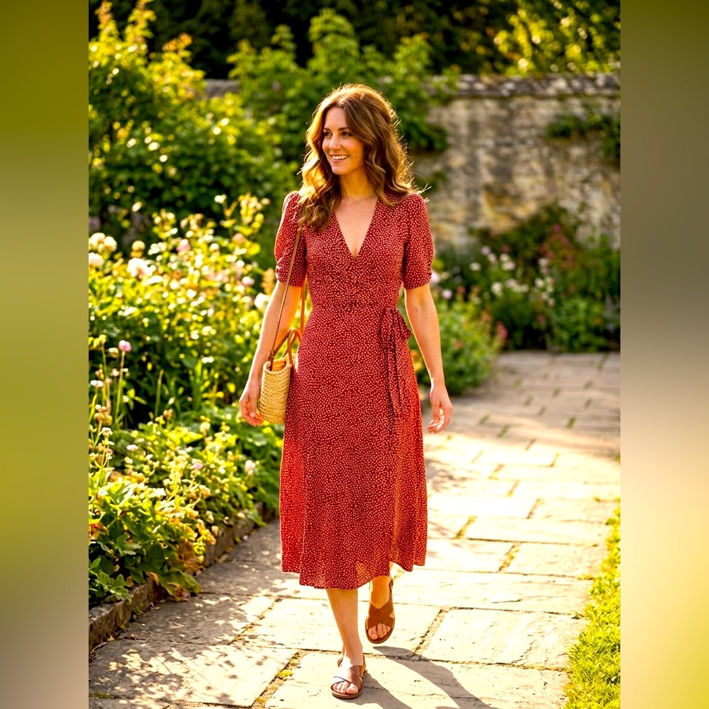 Reformation Napa Wrap Midi Dress Short Sleeve Tie Belt Red Ditzy Floral Print XS